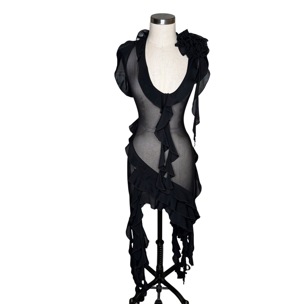 FANCI CLUB Dress Black Sheer Mesh Floral Garden of Eden Ruffle Women's Size S